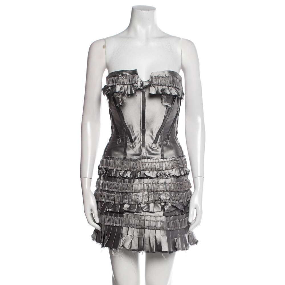 Giles Deacon Silver Metallic Silk Safety Pin Raw Hem Pleated Mini Dress